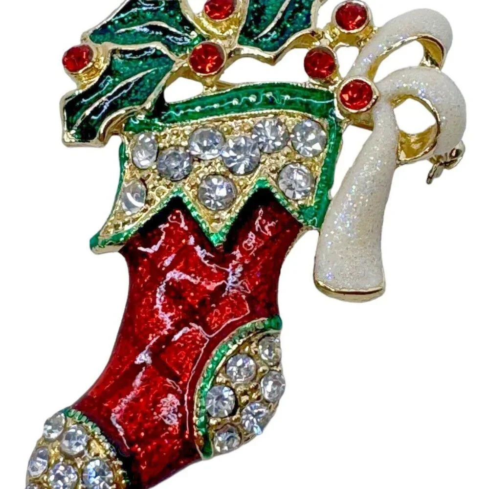 Tanya Creations Christmas Brooch Pin Stocking Holly Enamel Rhinestones 2.25 in - Picture 1 of 6